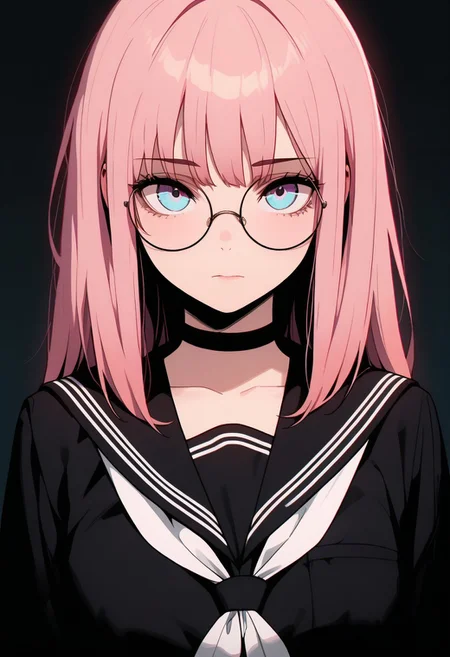 masterpiece, best quality, amazing quality, GTHAN, high quality, 1girl, woman, beautiful, long pink hair, aquamarine eyes, perfect eyes, close mouth, (black choker, black school uniform, black serafuku, black sailor collar, white neckerchief, round eyewear), upper body, looking at viewer, simple background