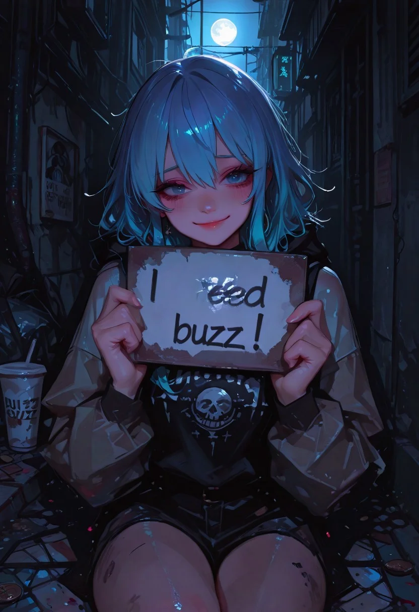 ((1girl)), gorgeous girl, kawaii girl, cute face, masterpiece, best quality, very awa, absurdres, Hochimachi_suisei, hololive, 748cmstyle, masterpiece, best quality, Good quality, very aesthetic, absurdres, newest,1girl, light rays, moon, cementery, solo, gradient color, need_buzz, holding sign
BREAK
ultra-detailed, 8K, illustration, CG, ultra-detailed-eyes, detailed background, ambient occlusion, raytracing, soft lighting, absolutely eye-catching, intricate cinematic background, (beautiful face) , eyelashes, looking seductive, coy, direct mesmerizing gace, cheeky smile, erotic, , dynamic action image, detailed face, detailed eyes
BREAK
(depressed, gloomy, dead inside),
BREAK
dirty city, sitting sidewalk, night, Old crumpled bills and coins in a cup, gloomy expression, dead inside, sad, exhausted eyes, messy hair, worn out costume, abandoned city atmosphere, trash on the streets, cracked pavement, neon lights reflecting on wet ground, cinematic lighting, dark color palette, dramatic, emotional scene, need_buzz, holding sign