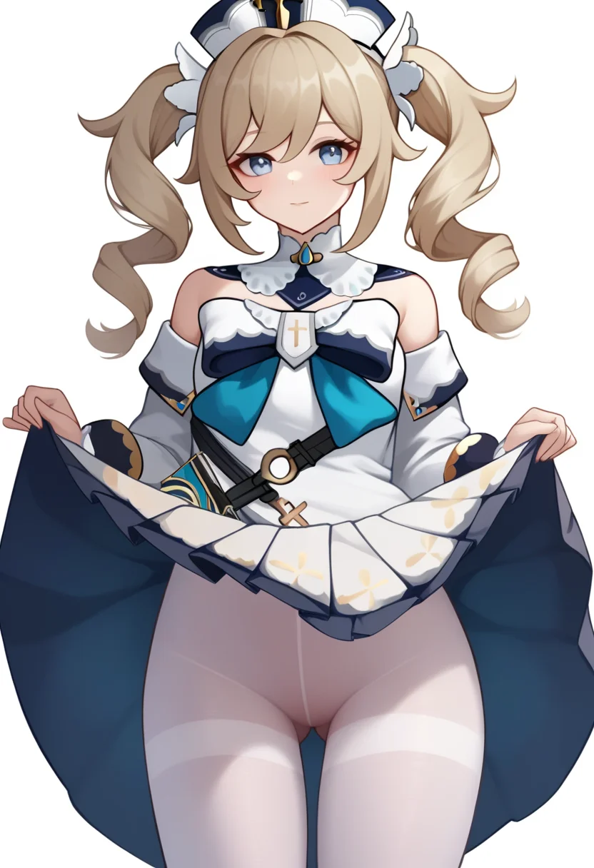 score_9,score_8_up,score_7_up,<lora:barbara_pony:1>,book_holster, absurdres, lifted_by_self, white_pantyhose, barbara_\(genshin_impact\), 1girl, bowtie, standing, twin_drills, solo, highres, long_sleeves, looking_at_viewer, white_dress, hat, bare_shoulders, ass_visible_through_thighs, skirt_lift