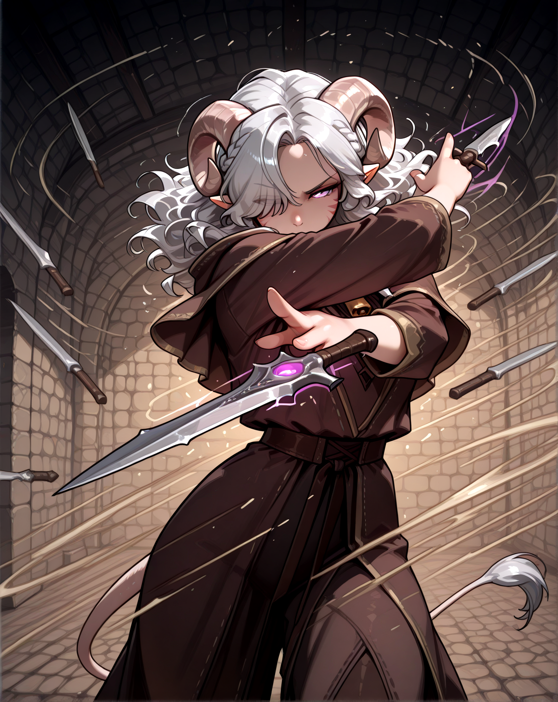 <lora:daggerCloud:1.8>dagger_cloud_(magic), solo, floating dagger,   magic dagger,  dynamic pose, many dagger,  dungeon, magic, glowing,  spinning dagger, cowboy shot,, masterpiece, best quality,  tiefling, pointy ears, tiefling, silver hair, ivory sheep horn,
<lora:Tiefling_bard_Diana_v2:0.9> red whisker_markings, silver long wavy hair, bell necklace, short pointy ears, purple eyes, tiefling_bard_diana:1.2,   hair over one eye, braid,  
cow tail:1.4,