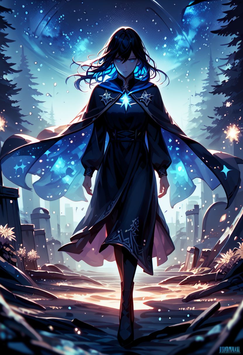 score_9, score_8_up, score_7_up, score_6_up, score_5_up, score_4_up, realistic, concept art
BREAK outside, night, stars, glitter, sparkles, mist, dramatic lighting, action shot
BREAK nyx, goddess of the night, glowing blue eyes, ethereal hair, long flowing hair, dress, cape, wind
<lora:Nyx-GoddessOfTheNight_ponyXL_v10:1> <lora:Guweiz_ponyXL_v10:0.6>
