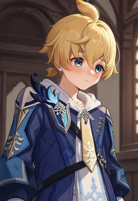 score_9, score_7_up, source_anime
mika, 1boy, male focus, solo, blue eyes, blonde hair, short hair, bangs, hair between eyes, ahoge, short ponytail, jewelry, earrings, hoodie, white hoodie, hood, necktie, yellow necktie, jacket, blue jacket,
indoor, looking down, blush,