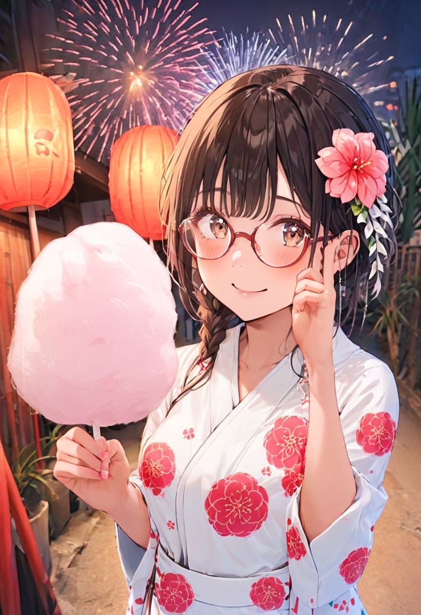 masterpiece, best quality, very aesthetic, absurdres,
cotton candy, 1girl, solo, glasses, black hair, holding, holding food, food, skewer, yukata, floral print, hair flower, braid, night, summer, paper lantern, 
 <lora:wataame_SDXL_V1:1>