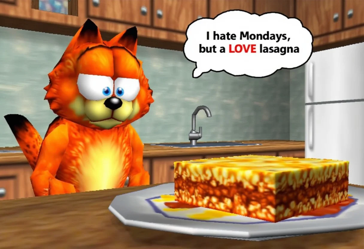 Garfield the cat sitting on a table in the kitchen and looking at lasagna in n64style. He has a thought bubble with the text "I hate Mondays, but I LOVE lasagna!"
flat lighting, low resolution, crt scanlines, low poly