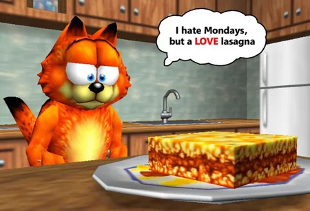 Garfield the cat sitting on a table in the kitchen and looking at lasagna in n64style. He has a thought bubble with the text "I hate Mondays, but I LOVE lasagna!"
flat lighting, low resolution, crt scanlines, low poly