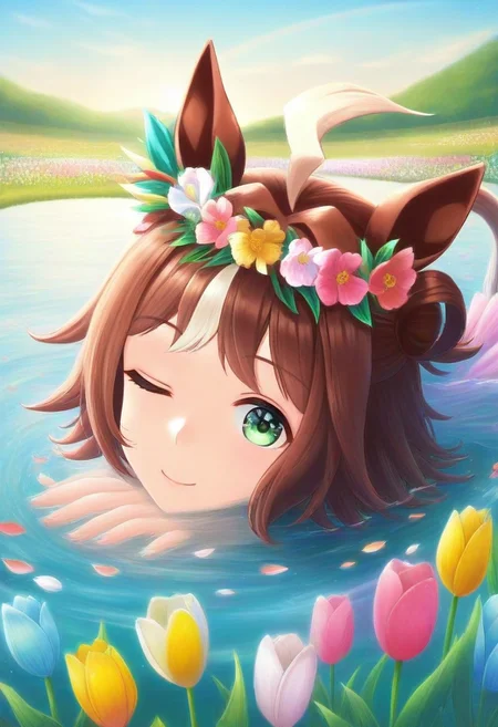 (umamusume, rhein_kraft_(umamusume), horse_ears, horse_girl, tail, 1girl, ahoge, animal_ears,)
casual, Tulip,Tulip flower, Tulip flower_field,
head_wreath, looking_at_viewer, solo, aesthetic, absurdres, symmetric , , g0ldsw0rthy,
(realistic, photo, artistic, medium_hair, one_eye_closed, petals, relaxing, smile, spiralling vortex made of multicoloured tulips, lush foliage sunrise, ripples, reflective, jaynl-tm, rainbow,green_eyes, hair_between_eyes, hair_ornament, : 0.7)