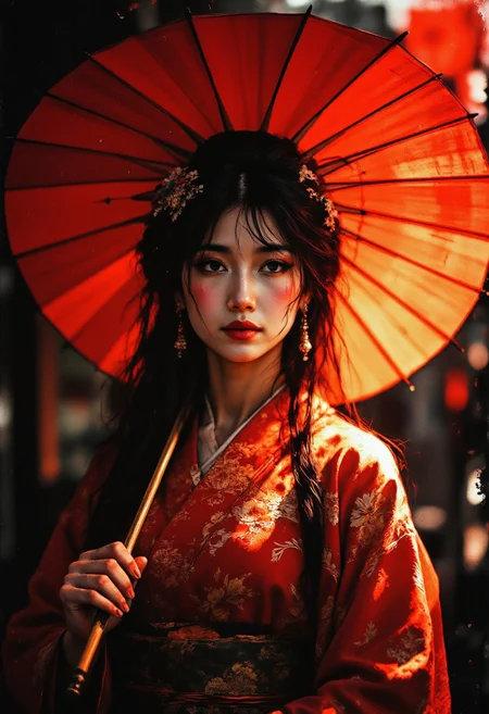 inksketch, n30nfilm, Silhouette Art, magnificent, dark background, inksplash portrait of stunning oriental woman, long hair, bangs, earrings, necklace, choker, red and gold kimono, holding red parasol, direct gaze, light hitting one side of face, gradient colour background, Japanese kanji