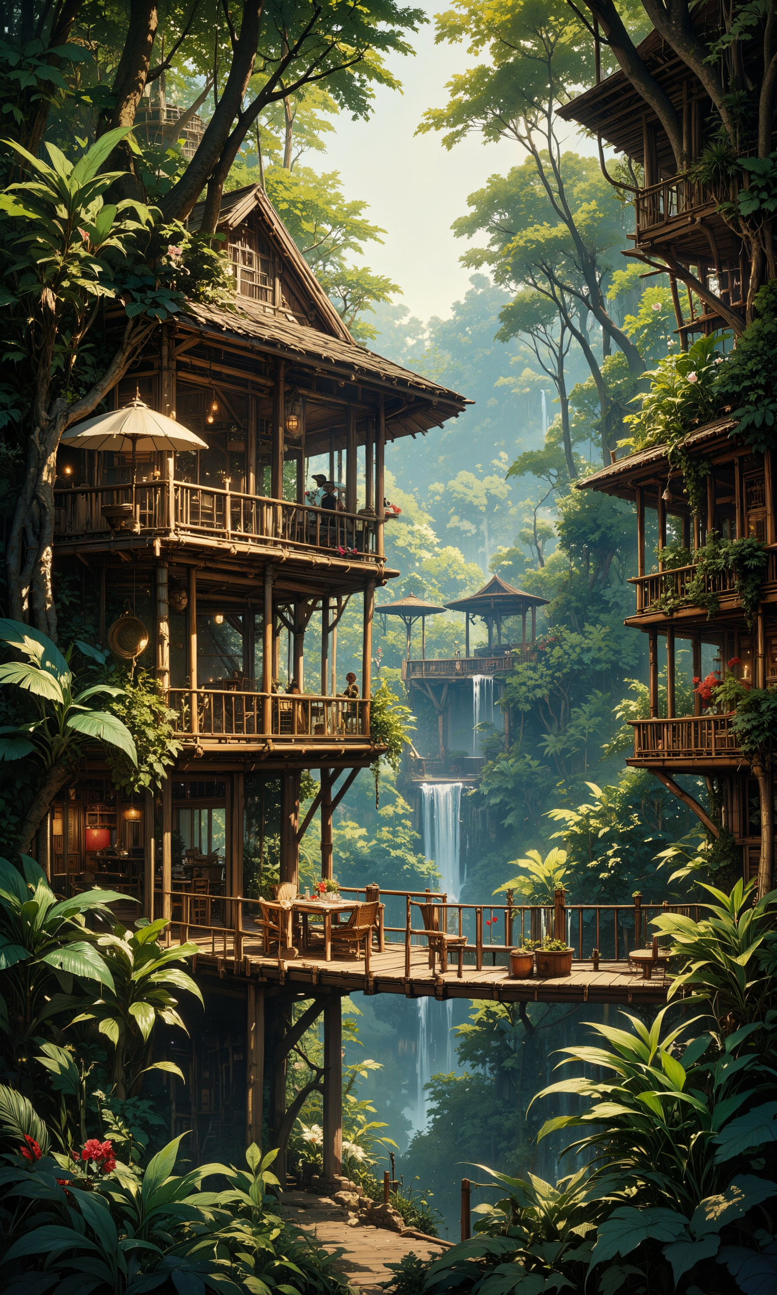 Breathtaking bamboo shells nestled within dense tropical foliage, intricately woven canopy paths, vibrant orchids and ferns, immersive 360-degree views, serene waterfall accents, cascading green walls, suspended decks with panoramic jungle vistas, harmonious interaction between structure and nature, natural timber tones, sunlight filtering through lush leaves, masterpiece, 8k, organic materials, open-air living areas, environmentally conscious architecture, biophilic design, seamless indoor-outdoor transition, atmospheric morning mist, dynamic jungle ecosystem, richly detailed textures <lora:NeonFantasyPrimeFLUX-000049:0.4> <lora:FluxMythG0thicL1nes:1.0> <lora:Comic book V2:0.8> <lora:flux_dev:1>