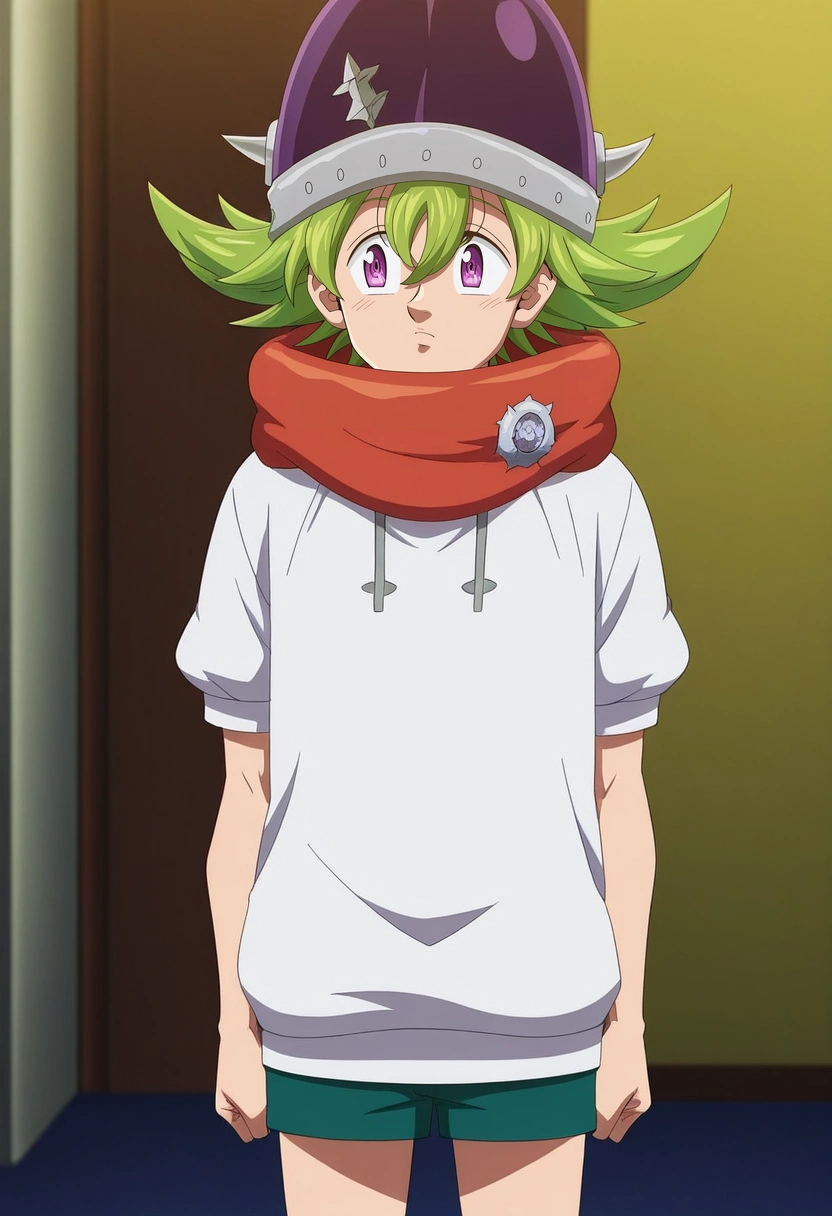 masterpiece, best quality, anime screencap, official style, anime coloring, cowboy shot, 1boy, solo, male focus, <lora:percival_nnt_mny_ilxl:0.98>, percival_nnt_mny, green hair, purple eyes, spiked hair, hair between eyes, bangs, , , , bobble hat
