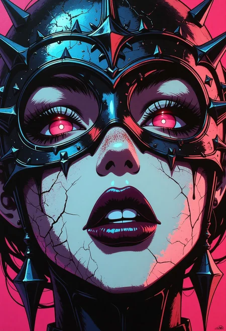 A screen-filling pop-art surreal close-up of a voluptuous gothic knightess's face, constructed from four chaotic stencil layers that align to reveal her haunting beauty. Each layer contains fragmented elements: strands of ink-like hair, spiked mask outlines, glowing eye sockets, cracked metallic skin, dark lipstick bleeding into black shadows. When combined, they form a hyper-detailed, seductive face — her expression unreadable, eyes glowing with lust and malice, mouth slightly open as if whispering a curse. Her features are sharp and stylized, with desaturated tones contrasted by sharp flashes of toxic magenta, pale blue, and rust-red. Her face appears both divine and monstrous, framed by graphic lines and corrupted textures, like a forgotten panel from a cursed comic book. The atmosphere is oppressive and erotic, crafted to disturb and mesmerize the viewer with raw visual tension, vibrant digital painting, ethereal, surreal style of bright, clashing colors