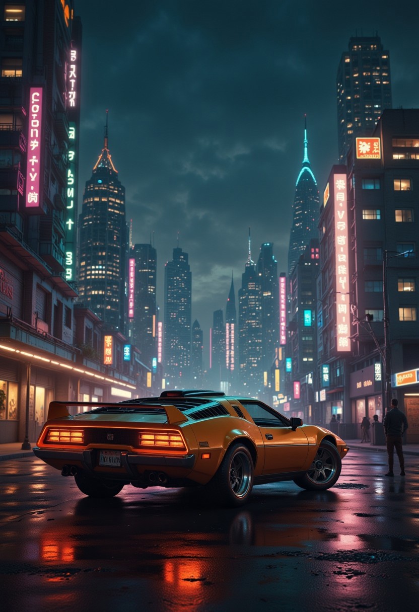 futuristic city, retro futuristic car, sci-fi