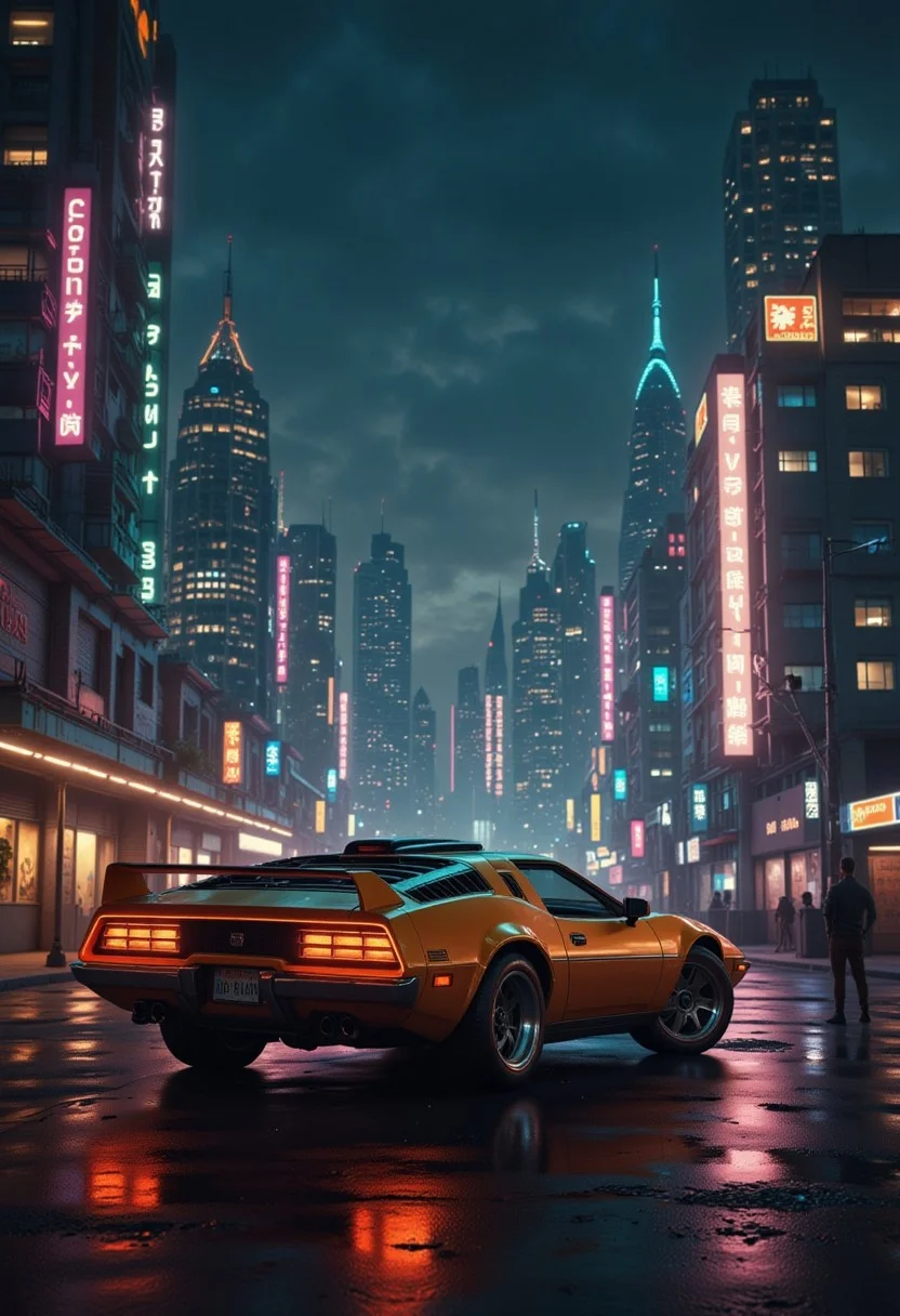 futuristic city, retro futuristic car, sci-fi