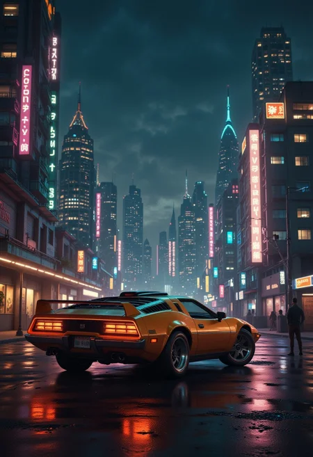 futuristic city, retro futuristic car, sci-fi