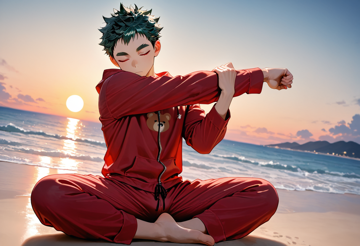 very awa, masterpiece, best quality, absurdres, newest, perfect quality, realistic, solo, dusk, dusk sun, rising sun on the sea, beach, front view, wide angle, straight horizon, flat horizon, faraway, distant shot,
BREAK (OC_Xen, bright red eyes, thick eyebrows, dark green hair, red pajamas with bear print, cross-legged, sitting, yoga pose, stretching, closed eyes, ),
 <lora:cfg_scale_boost:0.75><lora:OC_Xen:0.8>