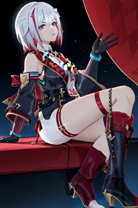 topaz \(honkai: star rail\), black gloves, thigh strap, knee boots, hair ornament, unitard, detached sleeves, badge, side cape, sleeveless shirt, belt
