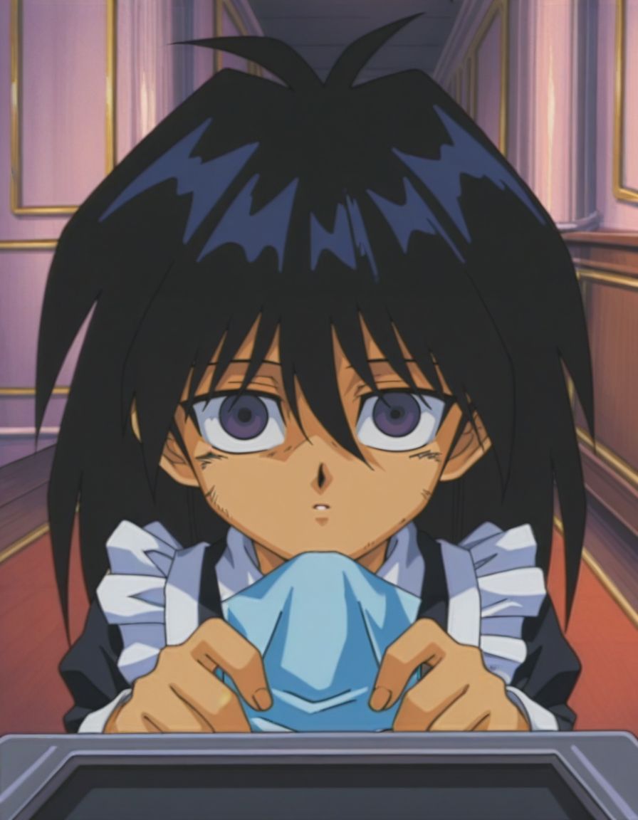 masterpiece, best quality, male focus, face focus, looking at viewer, bedroom, (maid:1.2), solo, wiping desk with handkerchief, 
<lora:Mind_Controlled_Mokuba_1:0.9>, m0ku, 1boy, black hair, long hair, purple eyes, retro artsyle, 1990s (style), hair between eyes, male child, empty eyes,