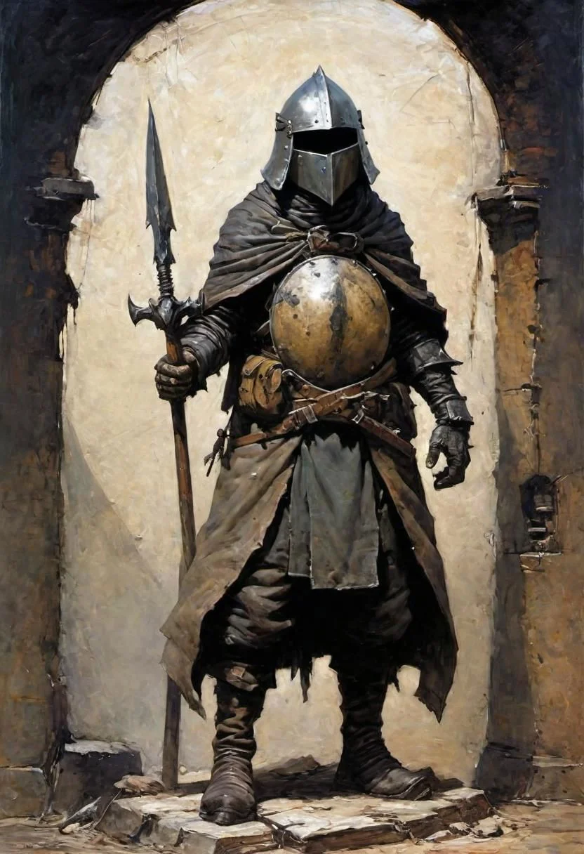 videogame art of (ragged, human barbarian, brigand, holding a iron mace, wearing leather tunic, metal plates and cloth shaped helmet, sewn together), by Jean-Baptiste Monge and Nicola Samori, praetorian, warhammer, gothic, legion