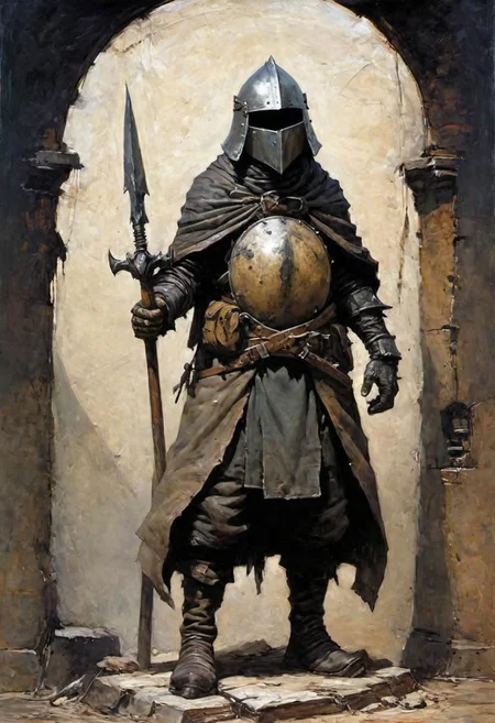 videogame art of (ragged, human barbarian, brigand, holding a iron mace, wearing leather tunic, metal plates and cloth shaped helmet, sewn together), by Jean-Baptiste Monge and Nicola Samori, praetorian, warhammer, gothic, legion