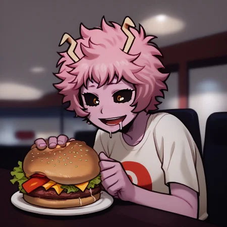 score_9, score_8_up, score_7_up, score_6_up, score_5_up, score_4_up, 1girl, Ashido Mina, shirt, looking down, drooling, open mouth, upper body, indoors, restaurant, fast food, table, food, plate, huge hamburger steak, smile, happy, burger,