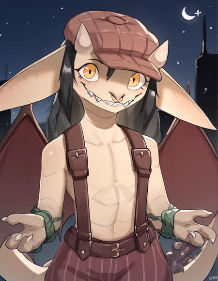 score_9, score_8_up, score_7_up, score_6_up, score_5_up, score_4_up, source_furry, uaw, vlam, ivy \(deadlock\), deadlock, valve, gargoyle, 4 fingers, anthro, big ears, black hair, bottomwear, clothed, clothing, facial piercing, fangs, featureless chest, female, fingers, hair, hat, headgear, headwear, long ears, looking at viewer, nose piercing, nose ring, piercing, ring piercing, septum piercing, septum ring, sharp teeth, smile, solo, suspenders, tail, teeth, topless, wings, detailed background, outside, city, night, dark background, new york, tan body, (headshot portrait, portrait, close-up:1.3), flat chested, flat chest, (1 horn:1.2),
<lora:ivy-deadlock-v2_pdxl:1>