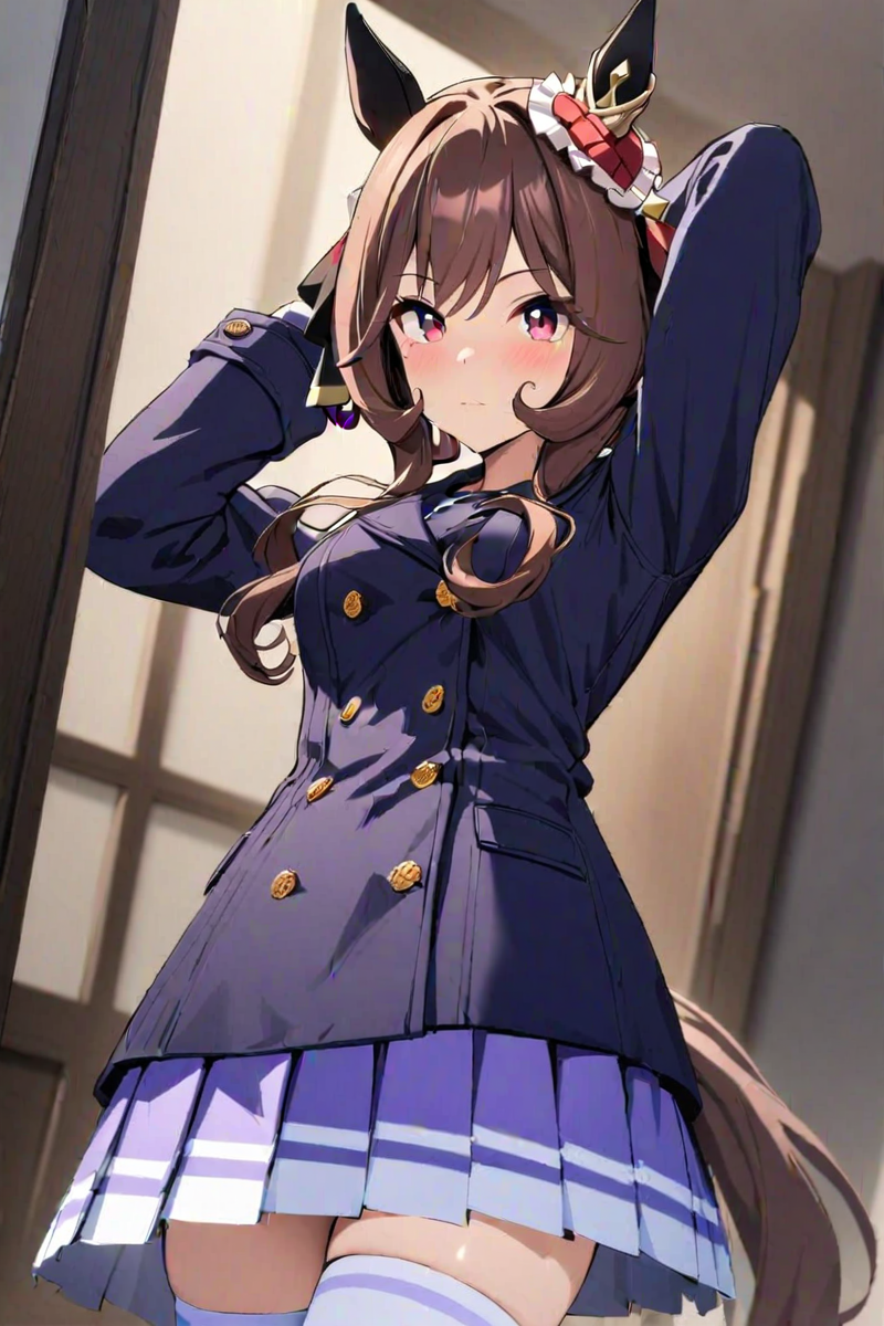 masterpiece, best quality, absurdres,
gentildonna \(umamusume\), 1girl, looking at viewer, horse ears, purple pleated skirt, closed mouth, buttons, arms behind head, long sleeves, tracen winter coat, hair ornament,white thighhighs,
cowboy shot,
<lora:SDXL_gentildonna_v1.0:0.7>