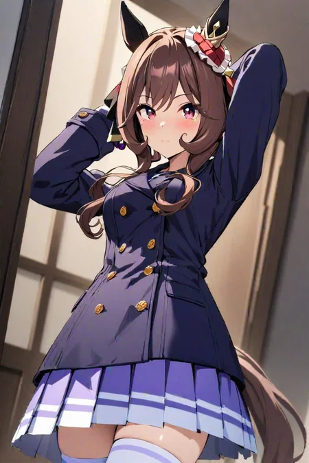 masterpiece, best quality, absurdres,
gentildonna \(umamusume\), 1girl, looking at viewer, horse ears, purple pleated skirt, closed mouth, buttons, arms behind head, long sleeves, tracen winter coat, hair ornament,white thighhighs,
cowboy shot,
<lora:SDXL_gentildonna_v1.0:0.7>