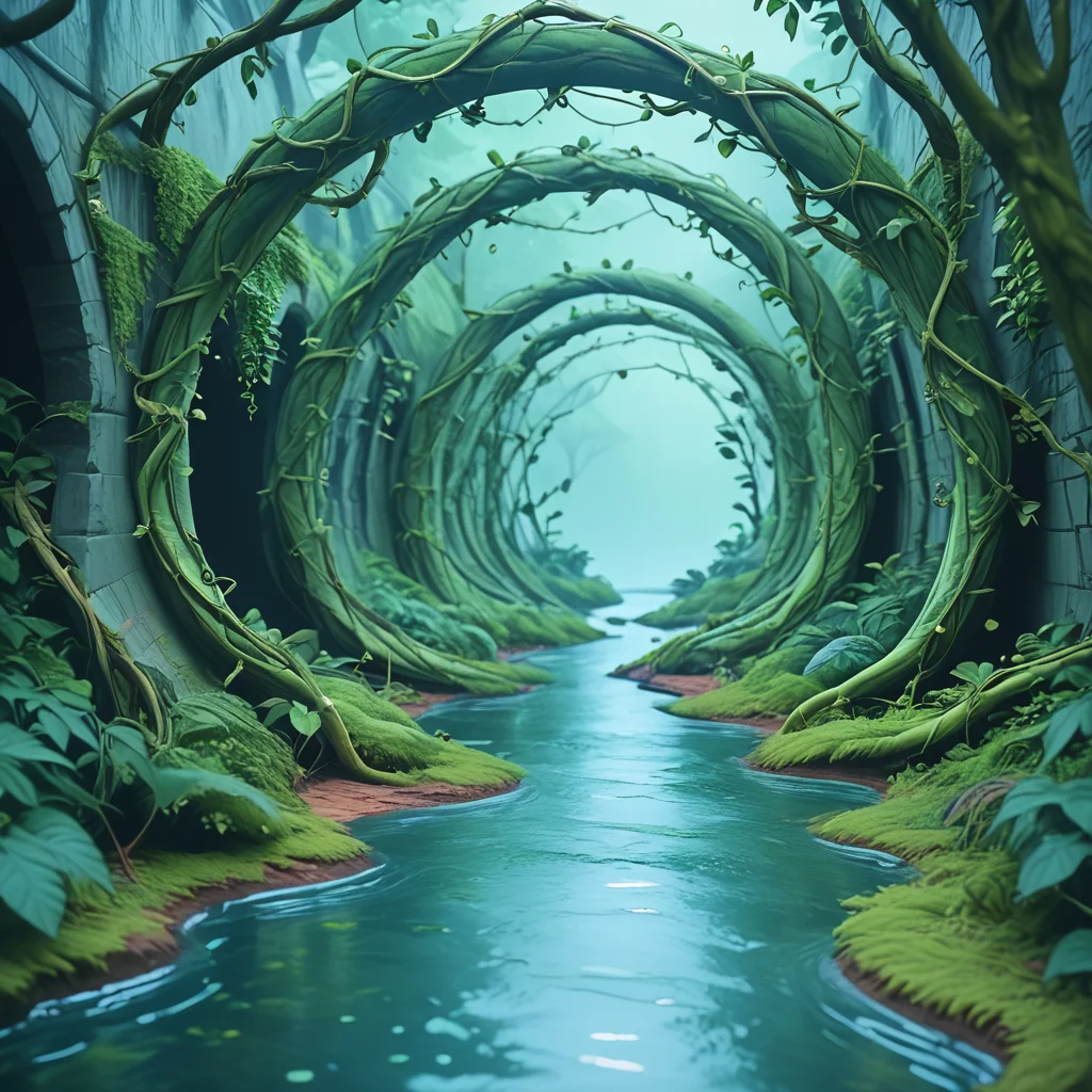 Score_9, score_8_up, score_7_up, score_6_up, BREAK <lora:40sTechnicolorCyberpunkPony:1> ArsMovieStill, movie still from a technicolor 1940s cyberpunk film, The image shows a tunnel with a path winding through it surrounded by lush green plants and illuminated by a few lights., no humans, scenery, water, nature, plant, tree, vines, reflection, moss, forest