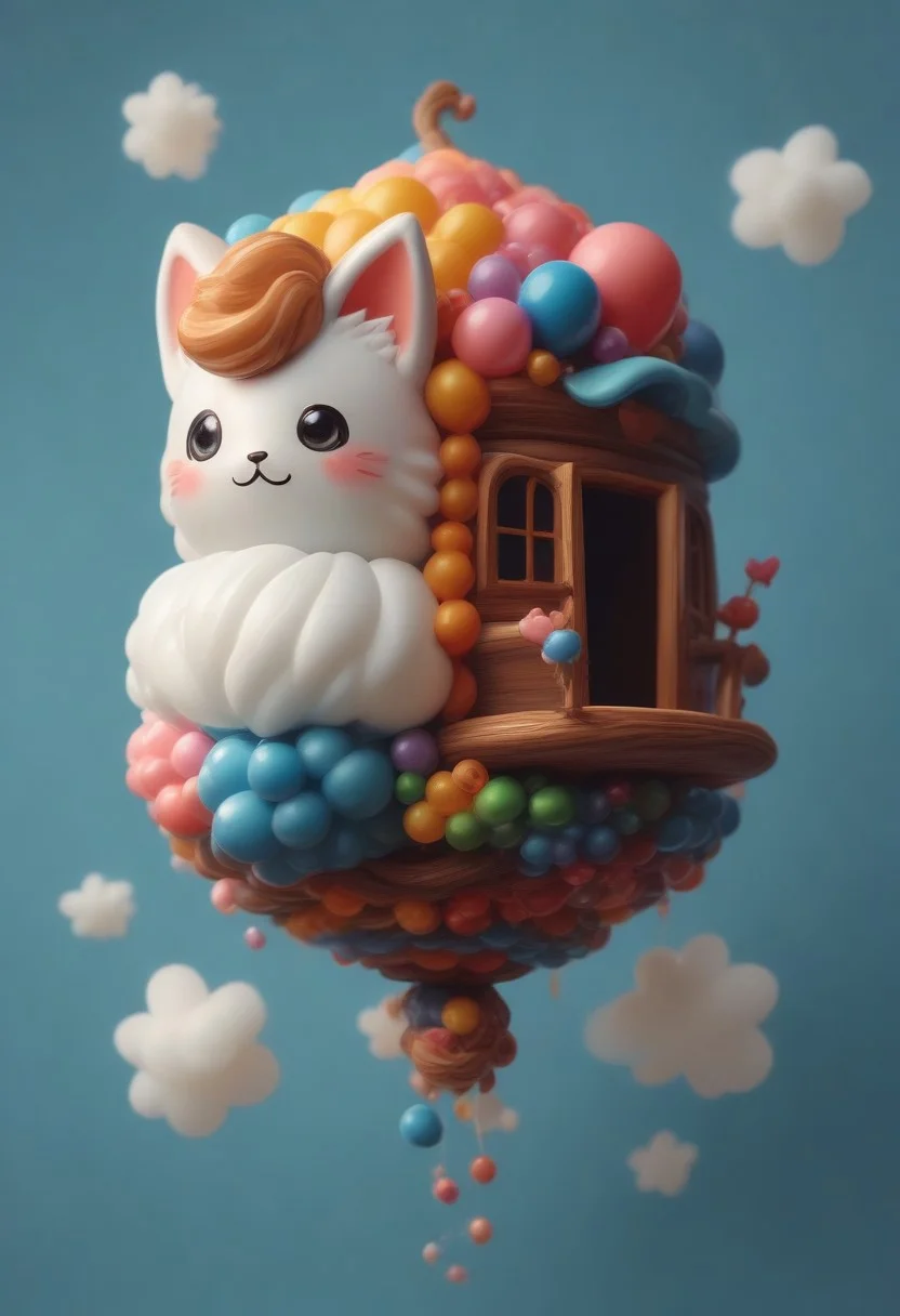 score_9, score_8_up, score_7_up, cute fluffy cat ballon made of Latex, wooden house floating in the sky carried by a giant cute fluffy cat ballon made of Latex,