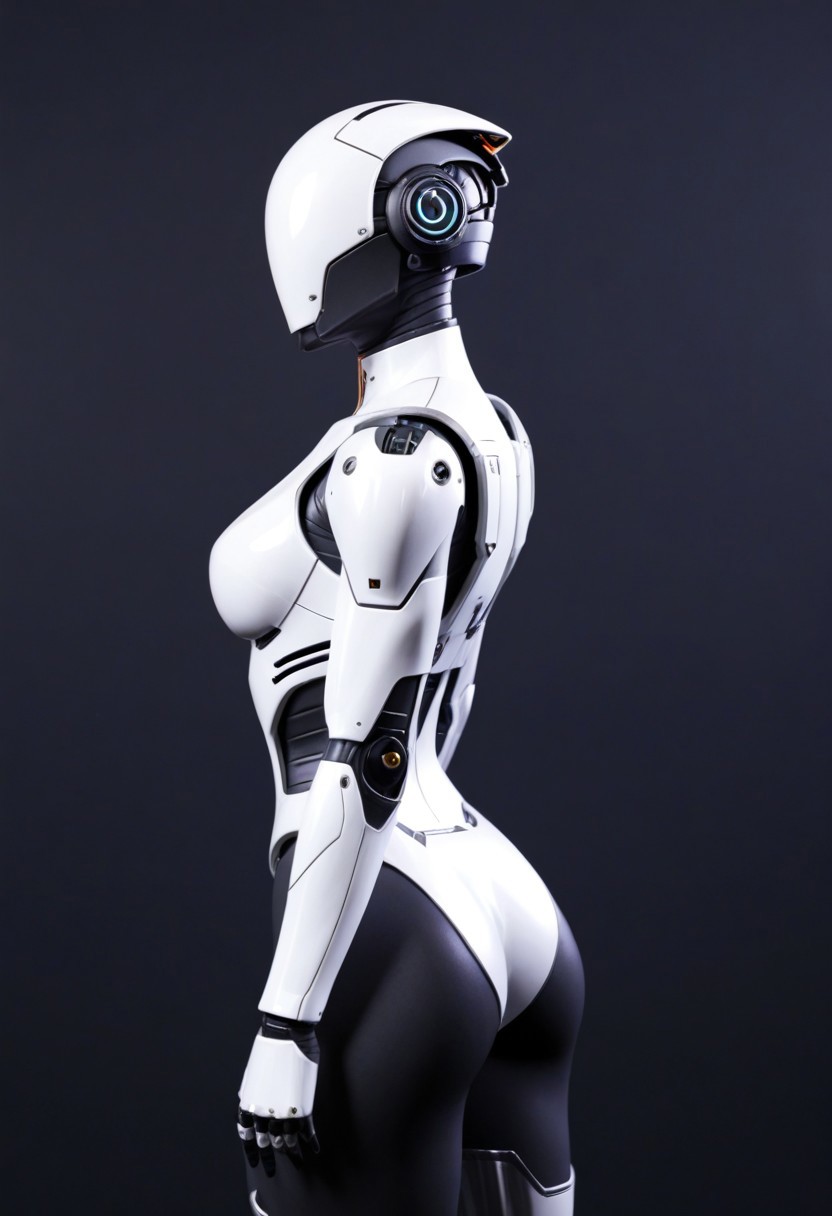 A sleek futuristic scene, a female robot in a form-fitting white armored suit with black accents, she is exuding a sense of strength and unity, against a plain light-colored background, <lora:DetailMaximizer:1>, <lora:MJ52:0.4>, <lora:MJ52_v2.0:1>, <lora:CinematicStyle_v1:1>, <lora:zavy-cntrst-sdxl:0.5>