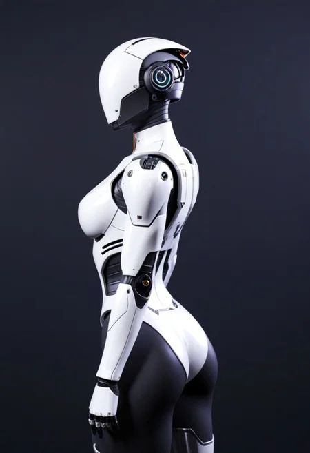 A sleek futuristic scene, a female robot in a form-fitting white armored suit with black accents, she is exuding a sense of strength and unity, against a plain light-colored background, <lora:DetailMaximizer:1>, <lora:MJ52:0.4>, <lora:MJ52_v2.0:1>, <lora:CinematicStyle_v1:1>, <lora:zavy-cntrst-sdxl:0.5>