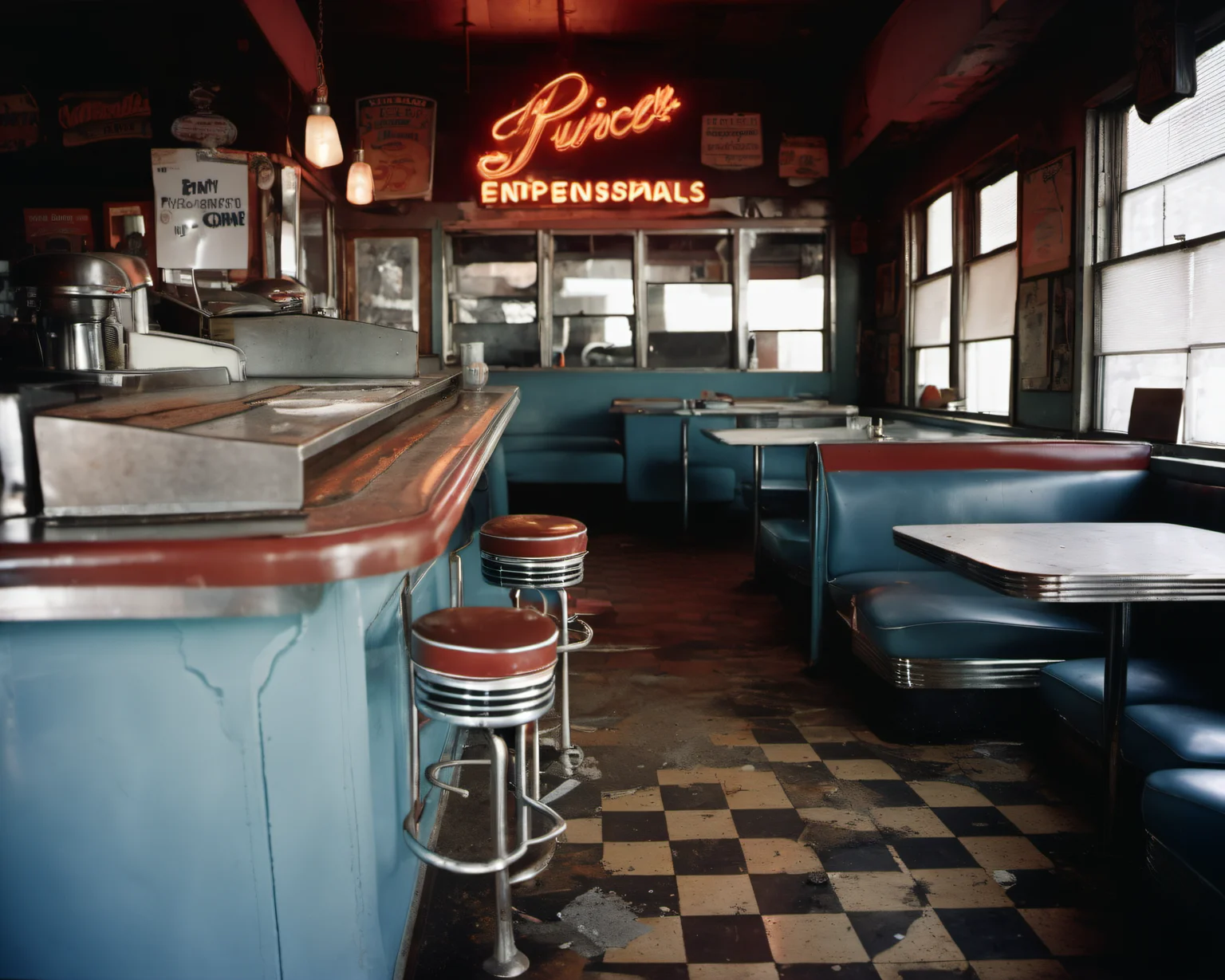 in a post-apocalyptic deserted diner, overturned stools, rusted kitchen appliances, dusty jukebox, unreadable specials sign., by Susan Meiselas, SZ_4poXL enviroment   <lora:Post ApocalypticXL_v2:0.6>