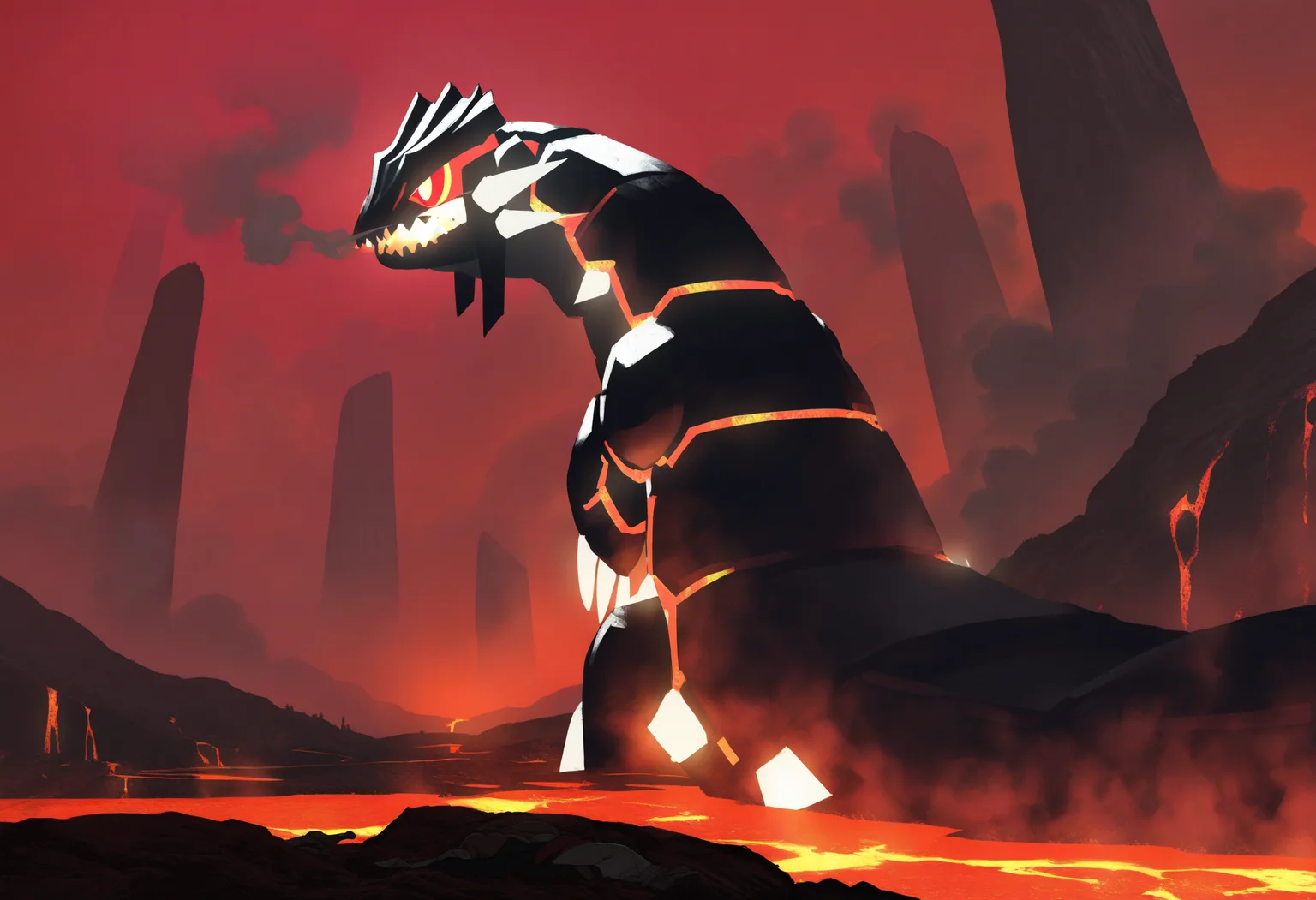 best quality, amazing quality, very aesthetic, absurdres, best quality, masterpiece, newest,
desolated, giant groudon, lava, volcano, red sky, smoke, smoke cloug <lora:AsteroNoob_byKonan:1>