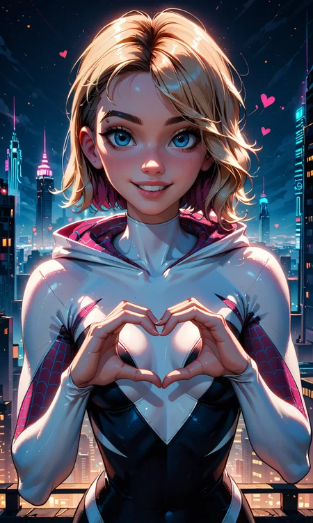 4n1v3rs3, score_9, score_8_up, score_7_up,
highly detailed, complex composition, Gwen Stacy, dynamic lighting, intricate textures, high-contrast lighting, whimsical and modern aesthetic, spider-gwen suit, bokeh, cityscape, neon lights,
heart hands, deep skin, smile, parted lips