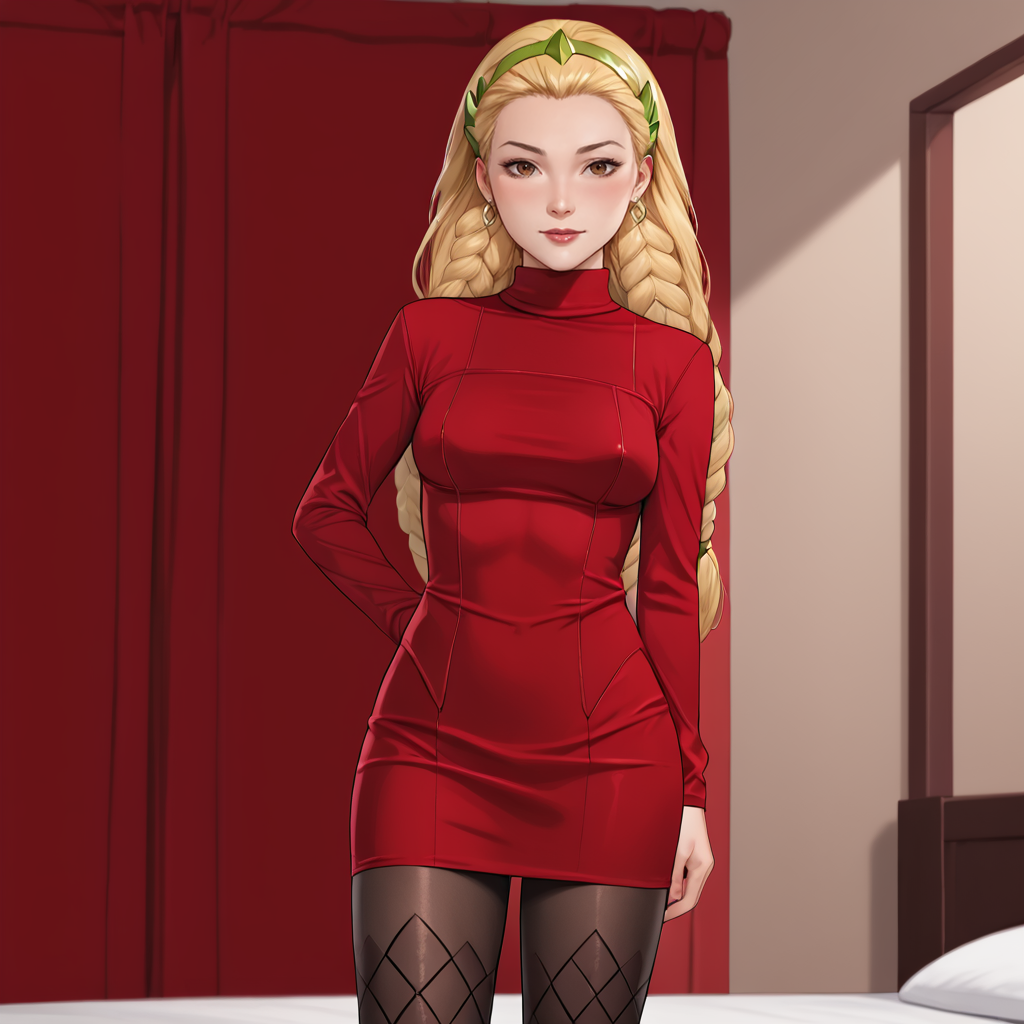 <lora:enchantresssylvie_pony_v1:.8>  Enchantress, 1girl, , long hair, braid, medium breasts, blonde hair,  twin braids, cowboy shot,  <lora:0965 Home wear 12_v1_pony:1> ruanyi0965,red dress,short dress,black pantyhose,argyle legwear,turtleneck,dress lift,bottomless,long sleeves