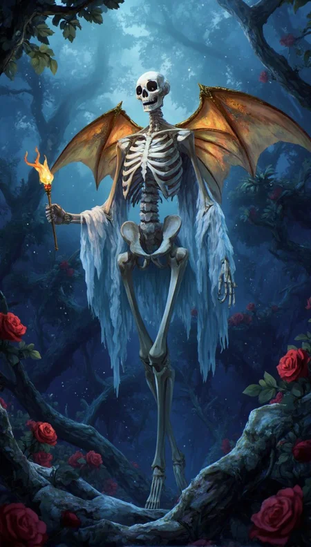 <lora:ck-LttleGhost-000011.safetensors:1> in the style of ck-lttlegh0stA majestic skeletal figure stands within a rose-filled garden bathed in soft blue light, its bony frame adorned with glowing gold wings and holding a flame torch. The scene is rendered in intricate detail on high-quality matte paper, measuring 24" x 36", with the skeleton's every bone and joint meticulously crafted to create an eerie yet captivating atmosphere.