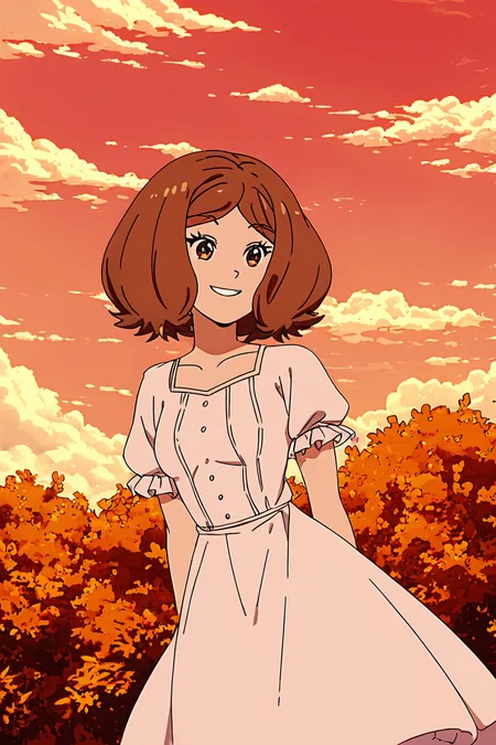 score_9, score_8_up, score_8, medium breasts, (curvy), cute, eyelashes, BREAK, , zzEdel, brown eyes, medium hair, brown hair, short hair, dress, collarbone, puffy short sleeves, <lora:EdelFrieren_PDXL:1.0>, , BREAK, smile, looking at viewer, cowboy shot, ,,, outdoors, sky, day, cloud, tree, blue sky, sunny, ,,, Expressiveh, ,,, <lora:Alola_Style_PDXL:0.8>, <lora:Expressive_H-000001:0.4>,