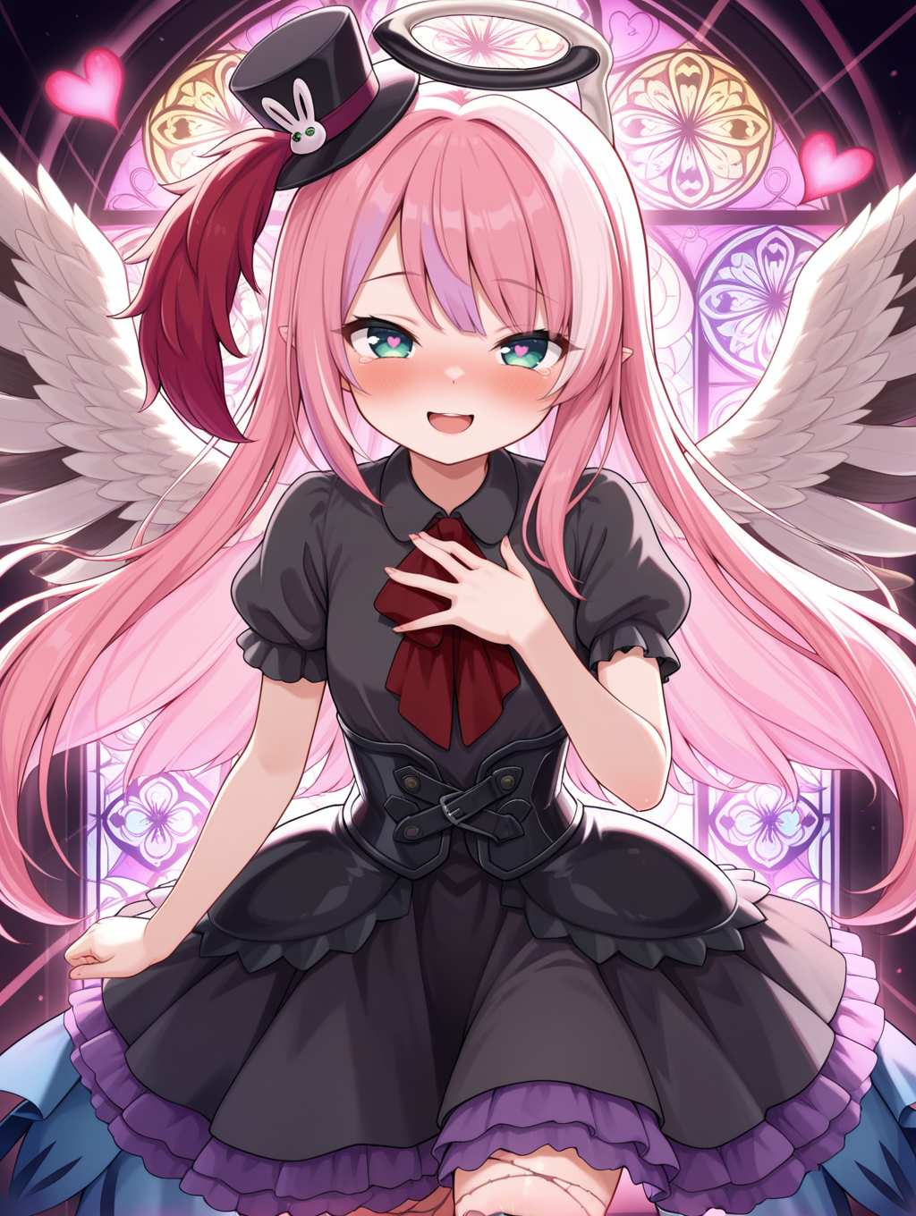 angel,ghostrick angel of mischief,1girl,solo,stitched heart,blush,open mouth,smile,heart-shaped pupils,looking at viewer,black layered dress,red ascot,black corset,black mini top hat,orb,light rays,veins,hand on own chest, stained glass print
masterpiece,best quality,amazing quality,very aesthetic,absurdres,newest,<lora:Ghostrick Angel of Mischief illusXL v1:0.7>,