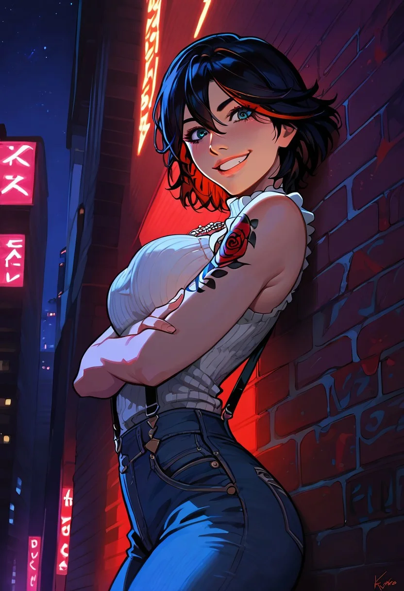 score_9, score_8_up, score_7_up, 
1girl, , (masterpiece), solo female
g0thicPXL, Expressiveh,
ryuko matoi
, gatsby cap, suspenders, 
sleeveless sweater, jeans, rose tattoos, colorful tattoos, necklace, date night, smile, (detailed background, in the city:1.2), rose motif, sleeveless, arms folded, leaning against wall