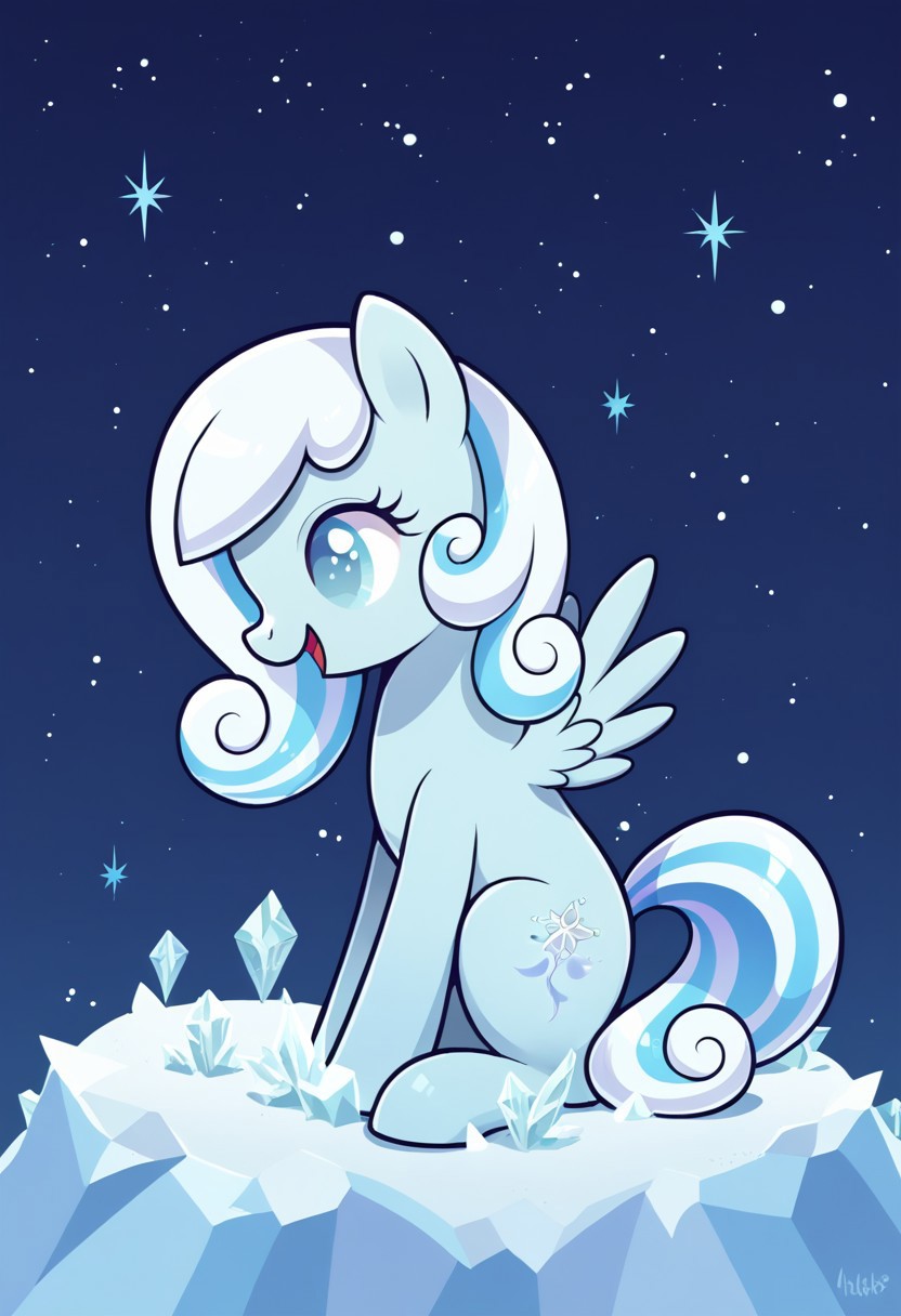 score_9, score_8, score_7, source_pony, snowdrop, happy, animal focus, ice, sitting, star (sky), night, white skin, from side, cutie mark