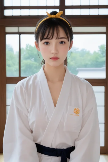 1girl,  judo uniform,yellow headband,black belt,
Beautiful 20 year old Japanese girl,
looking at viewer,,cowboy shot, 
(Serious expression:0.5),portrait,upper body,sitting,
<lora:sdxl_lightning_8step_lora:1>,
<lora:pony_xl_yawara:0.7>,yawara,
dojo,score_9,score_8_up,score_7_up,
Clouds Sky in Window,indoors ,dof, 
masterpiece, best Quality,realistic Details,photography,
