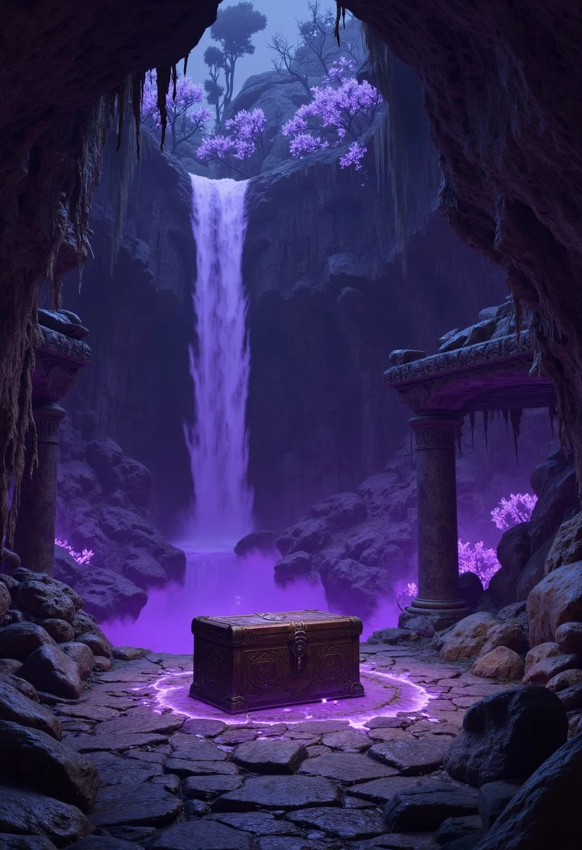 Nestled behind a waterfall of dark, ink-like water, a hidden grotto glows with clusters of luminous fungi that shift color with every footstep. Stalactites dripping purple ichor form natural pillars around a stone dais inscribed with druidic signs. At the grotto’s center, a petrified wooden chest hums with life, as though something inside still breathes. Those who dare to open it speak of haunting visions of a primeval forest teeming with unseen watchers.
, aidmabaldursgate3