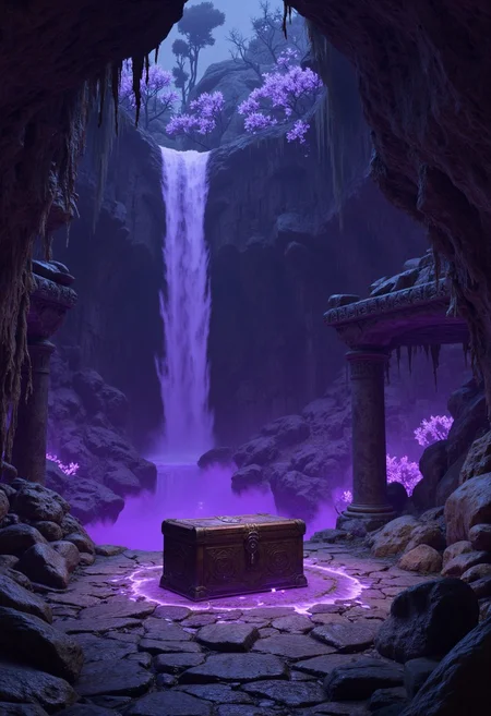 Nestled behind a waterfall of dark, ink-like water, a hidden grotto glows with clusters of luminous fungi that shift color with every footstep. Stalactites dripping purple ichor form natural pillars around a stone dais inscribed with druidic signs. At the grotto’s center, a petrified wooden chest hums with life, as though something inside still breathes. Those who dare to open it speak of haunting visions of a primeval forest teeming with unseen watchers.
   , aidmabaldursgate3