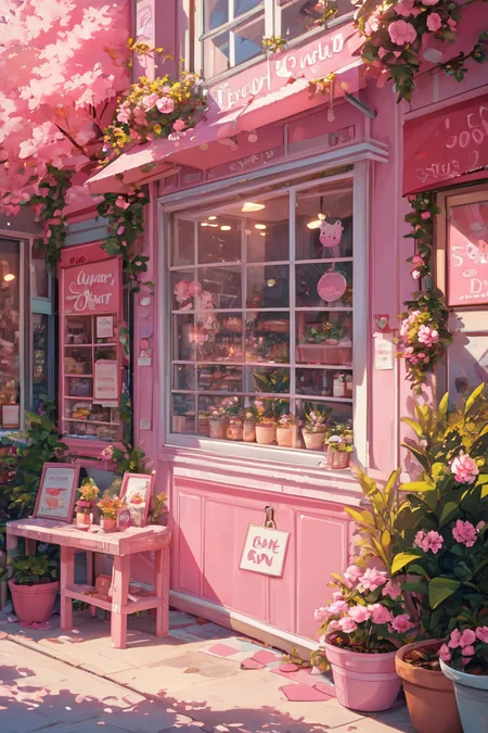 score_9, score_8_up, score_8, medium breasts, (curvy), cute, eyelashes,      rating safe,   BREAK,  pnkBldng, tree, no humans, window, animal, plant, pink flower, sign, potted plant, pink theme, shop, spring (season), storefront  embedding:zPDXL, Expressiveh,   <lora:PinkBuildingsPDXL_v2:0.6>,  <lora:SDXLFaeTastic2400:0.5>,  <lora:Expressive_H-000001:0.4>,