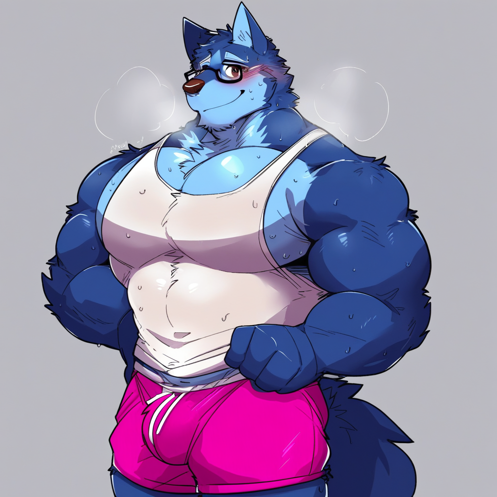 Muscular male, 1boy, solo, gym background, furry, wolf, blue body, black glasses, brown eyes, large pectorals, white tank top, pink shorts, smiling, sweating, blushing, standing