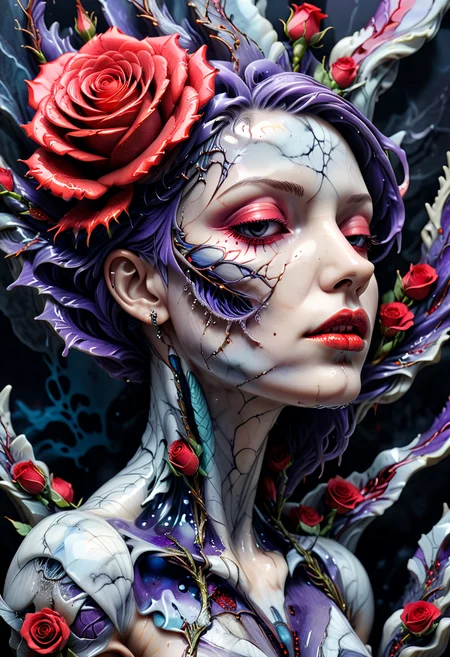 (HD, masterpiece, best quality, hyper detailed, ultra detailed, {detailed background| }, super realistic),cyberpunk woman face, cracked liquid marble, melancholic, side view, looking to the ground, tear, steam pipes connected to back neck, (feathers:1.2), (flower red rose:1.3), torns vines, bionic eyes open, glowing violet light, (nose piercing:1.2), petals, GeekyXL_Liquid_Marble, add-detail-xl, xl_more_art-full_v1<lora:XL\Style\GeekyXL_Liquid_Marble.safetensors:0.8:0.8> <lora:XL\Enhance\add-detail-xl.safetensors:0.6:0.6> <lora:XL\Enhance\xl_more_art-full_v1.safetensors:0.6:0.6>