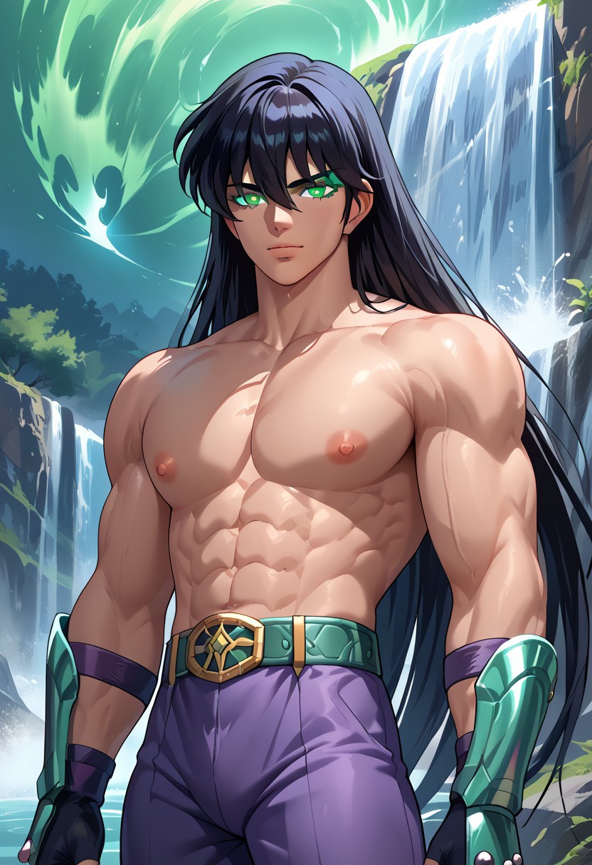 score_9, score_8_up, score_8, score_9, masterpiece, portrait, upper body focus, close shot, ultra high quality, hd render, male focus, Shiryu, young twink, very long hair, black hair, long bangs, hair over eyes, floating hair, green eyes, glowing eyes, light skin, chinese boy, handsome boy,
topless, muscular pectorals, nipples, muscular chest, huge biceps, vambraces, fingerless gloves, belt, waist armor, purple pants, green aura, body aura, aura glowing, 
narrow features, standing, front side view, dynamic pose, dynamic shot, dynamic angle, looking at viewer, waterfall background, hd render, high quality,