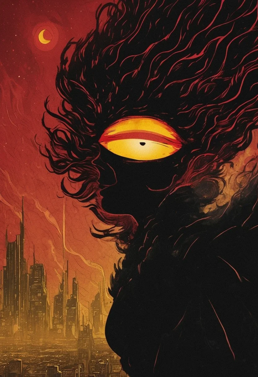 pop art, floating dust particles, visible dust in light rays, vintage dusty atmosphere, cinematic quality, closeup, a glamourshot of a pricess with Planet head, riding through the night, scenery, glowing eye, wild mane, skyline, towering skyscaper, CYclops, sharp teeth, shaded face, yellow and red color graded, deep Blacks, very detailed, atmospheric haze, Film grain, cinematic film still, shallow depth of field, highly detailed, high budget, cinemascope, moody, epic