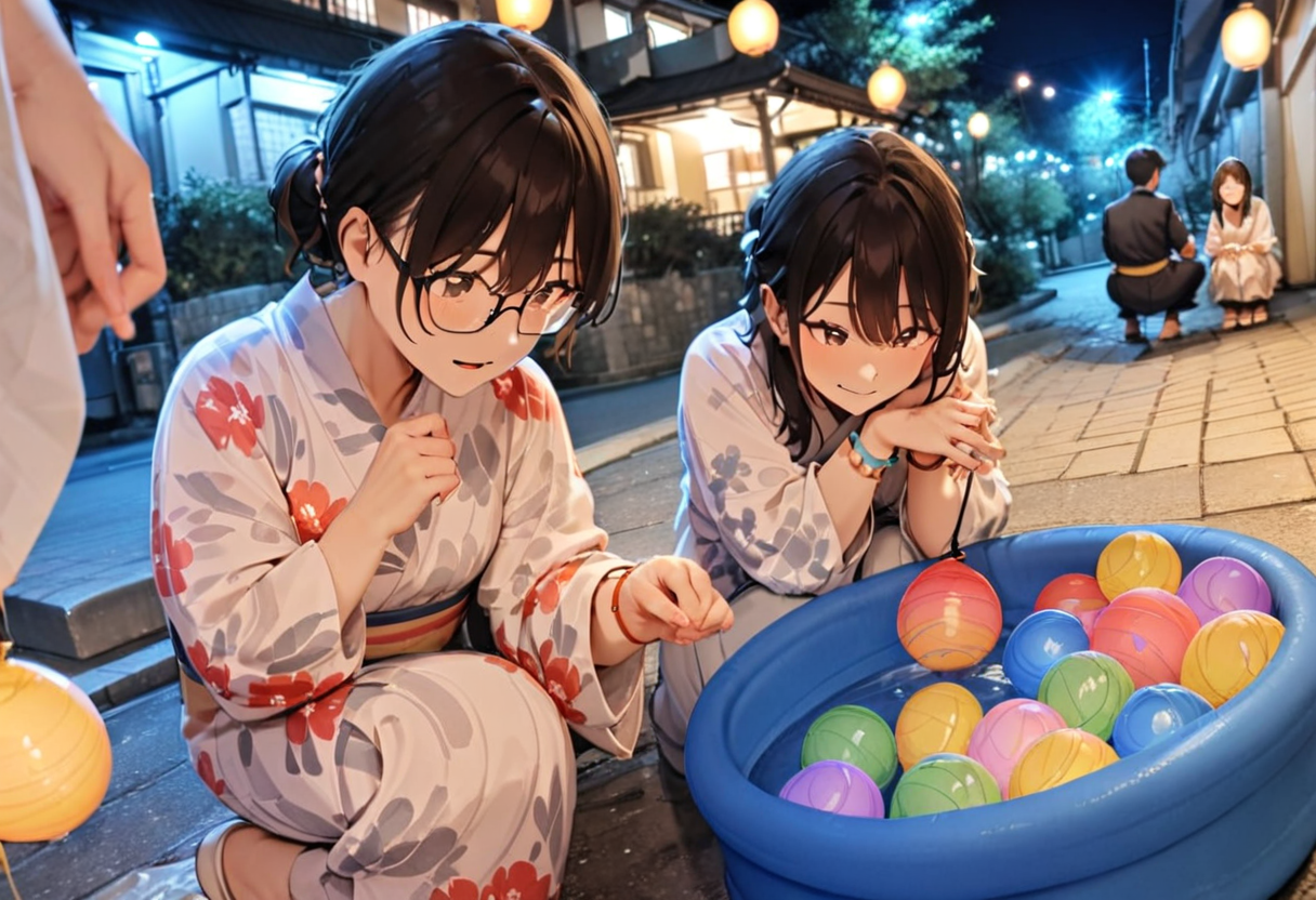 masterpiece, best quality, very aesthetic, absurdres,
mizufusen, 1girl, glasses, yukata, 1boy, night, squatting, outdoors, black hair, bracelet, long sleeves, floral print, water balloon fishing, night, summer, paper lantern, blurry background, 
 <lora:mizufusen_SDXL_V1:0.8>