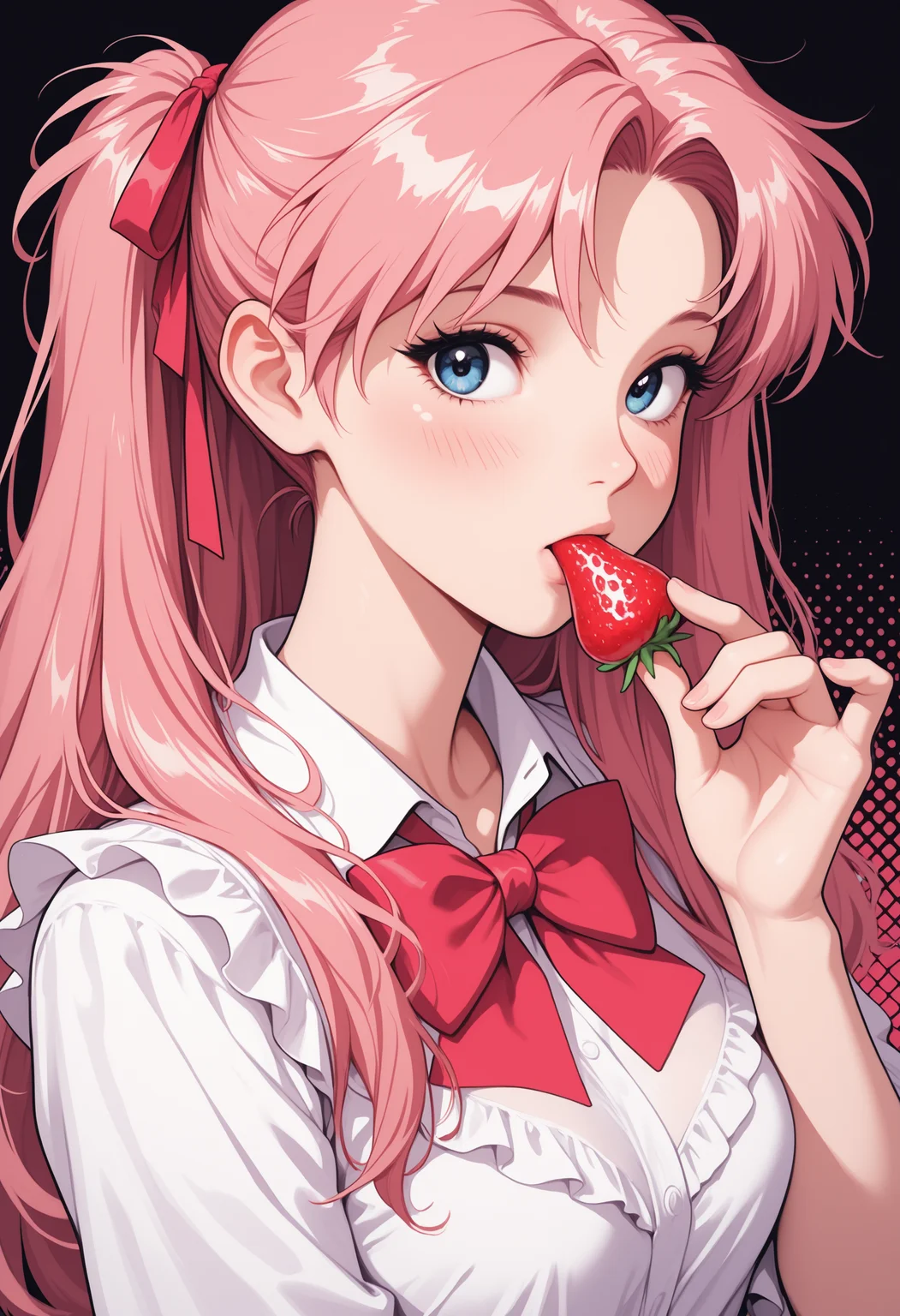 masterpiece, high_quality, highres,
woman, blouse, bowtie, hair_ribbons, eating_strawberry, joy, eyelashes, blush, black_background, halftone