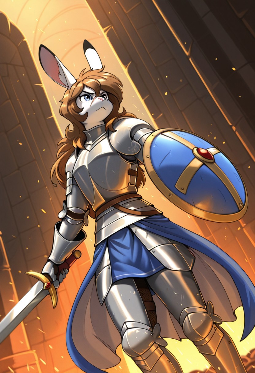 beautiful, best quality, detailed, dynamic lighting, aleanora, armorbun, rabbit, furry, female, brown hair, facial scar, abs, muscular female, plate armor,  blue cape, waist cape, rabbit ears, 1girl, serious, solo, holding sword, holding shield, standing, dutch angle, embers